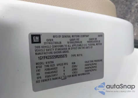 2009 Cadillac Escalade Standard z USA, uszkodzony, nr VIN 1GYFK23229R285879